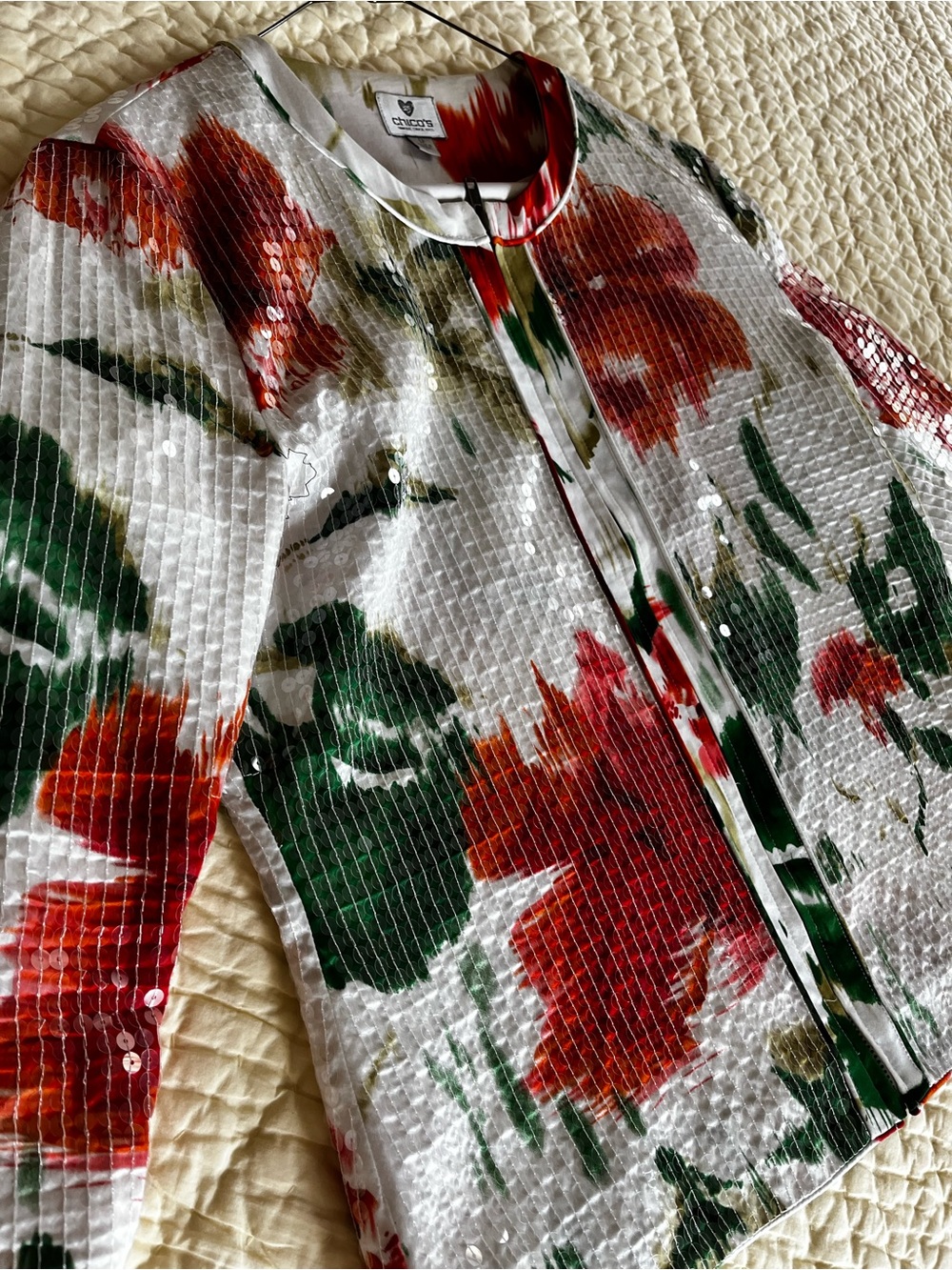 Chico's White and clear sequin, zip front jacket.